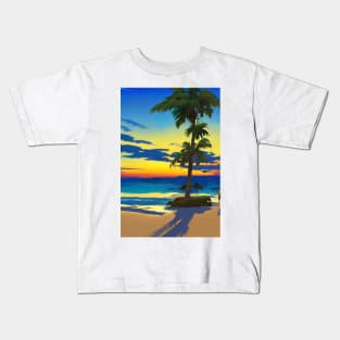 Summer Sunset Palm Tree Beach Ocean Art Kids T-Shirt